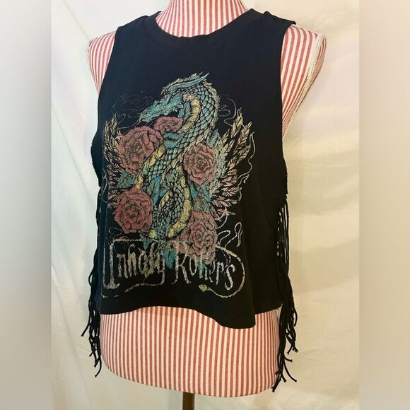Urban Outfitters Black Top Fringe Dragon Indie Grunge Alternative NWT Size Small - Picture 1 of 11